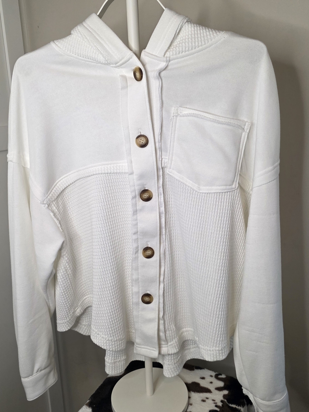 White Hooded Button-Front Waffle-Knit Pullover